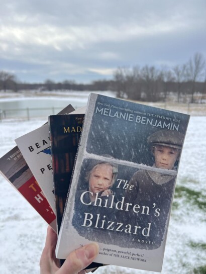 Books I read in January with an icy pond in the background