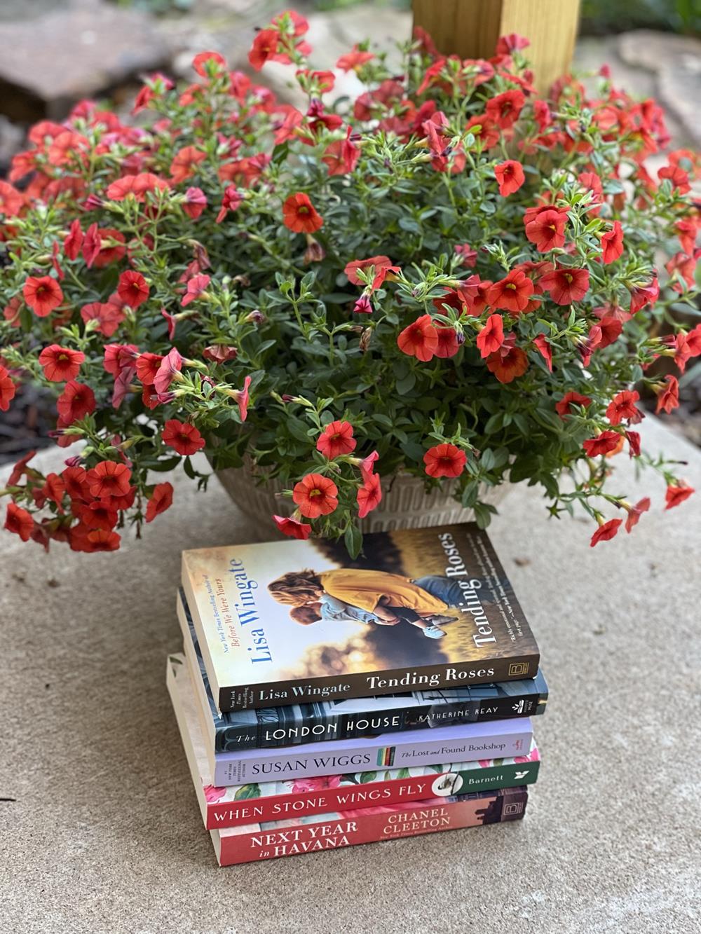 A stack of backlist books for summer and a flowering plant