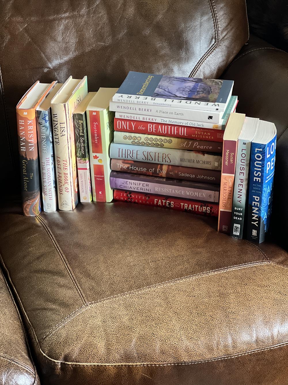 stack of fiction books on leather couch