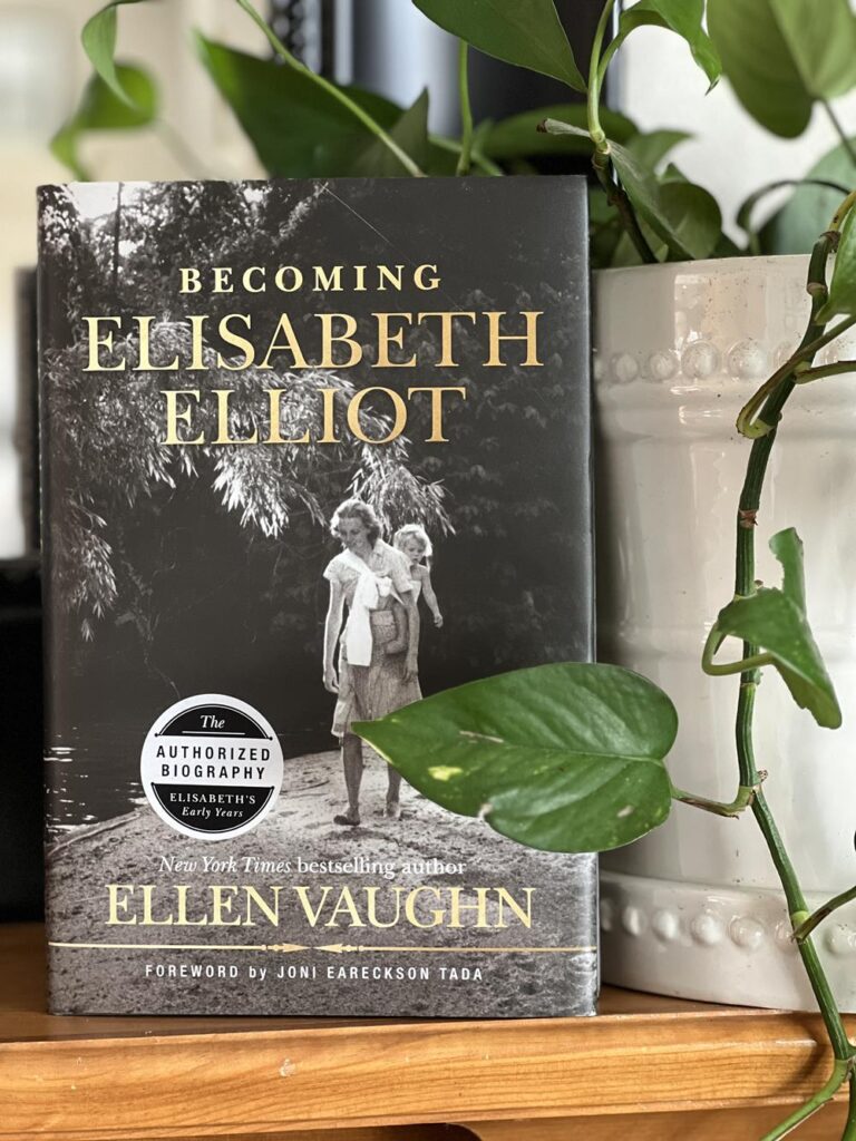 Becoming Elisabeth Elliot book next to a plant