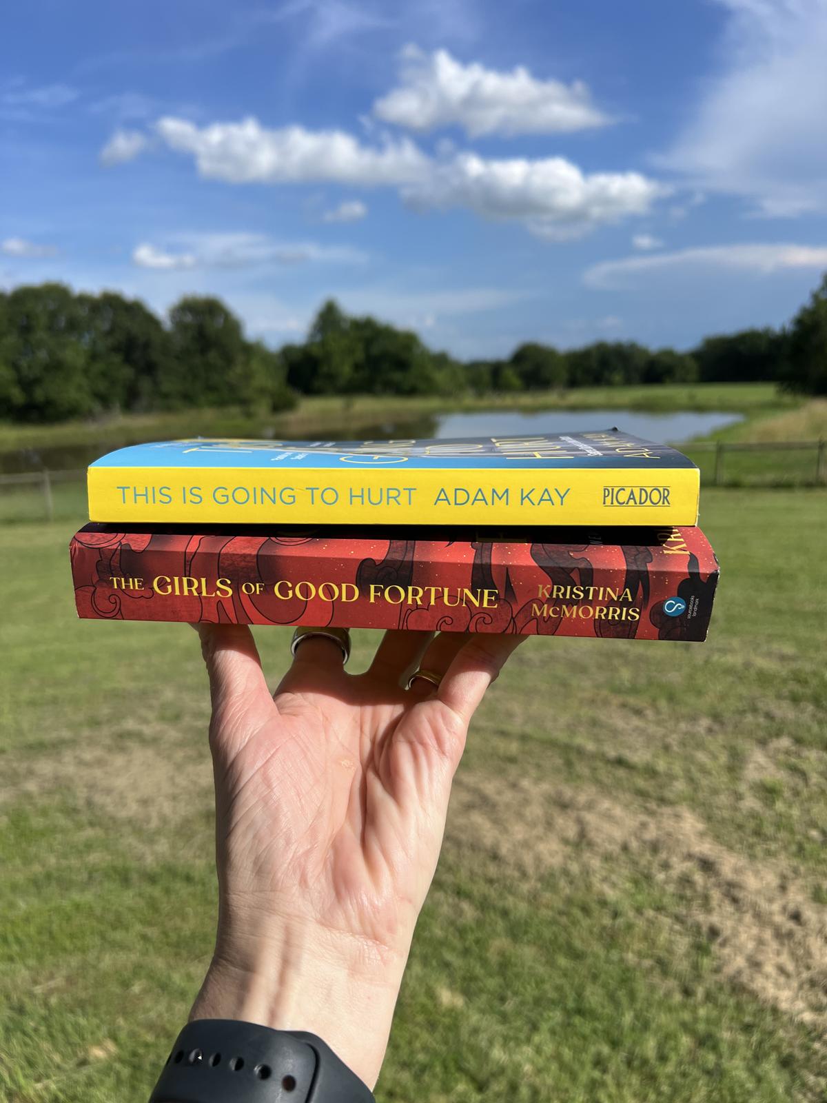stack of books that I read in June outside with pond and grass in background. 
