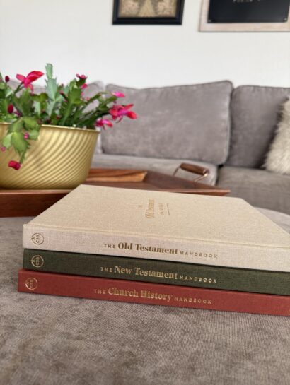 Old and New Testament Bible Handbooks on couch with Christmas cactus in the background