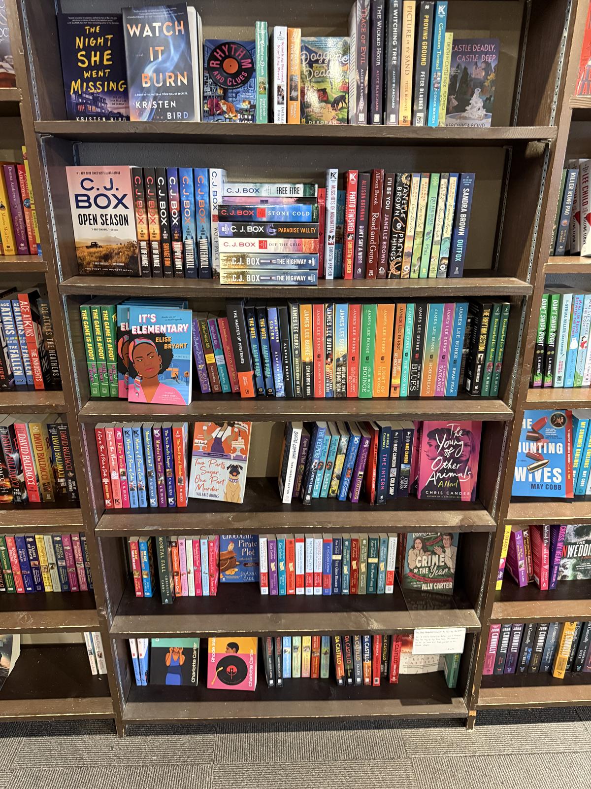 Bookshelf full of books at Murder By the Book bookstore
